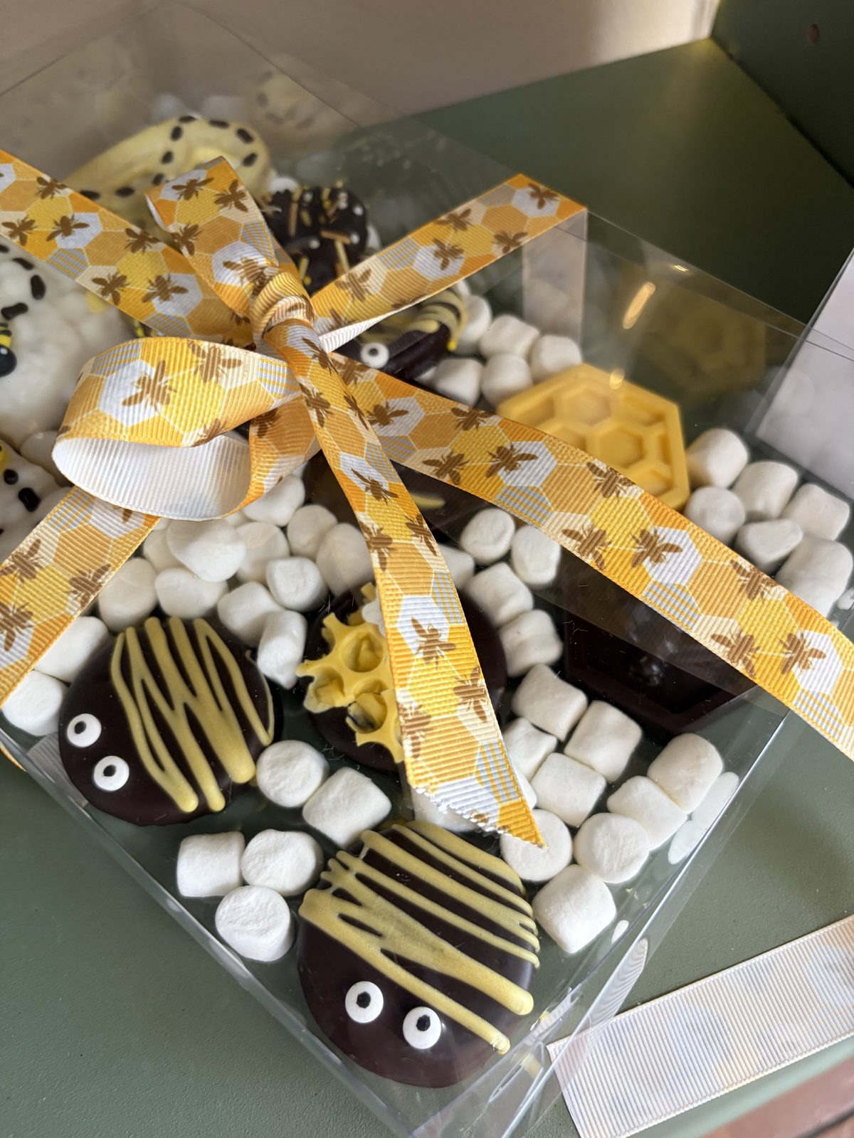 Overhead view of the Bees Knees bee-themed chocolate gift box